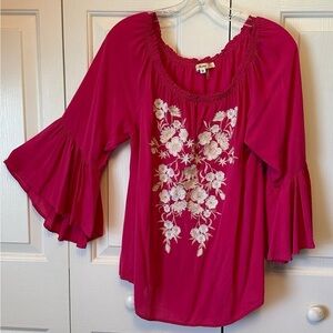 Andree By Unit Embroidered Boho Peasant Top Bell Sleeves Pink Medium